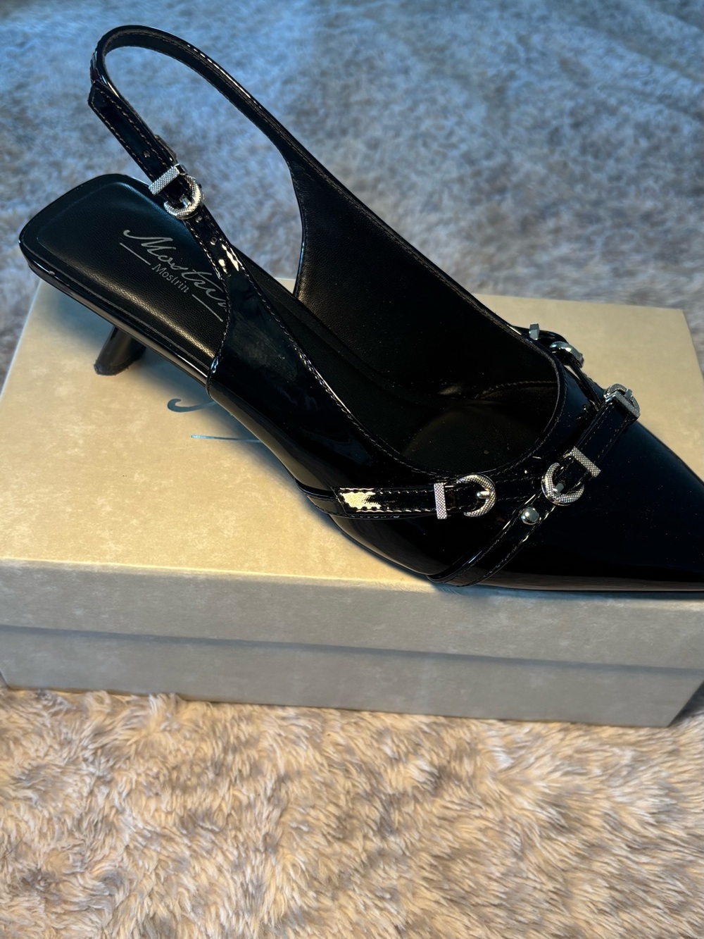 Stuart Weitzman Black Patent Slingback with Silver Buckle Detail- Worn once